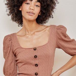 Sweet Afternoon Mauve Pink Puff Sleeve Button Front Crop Top